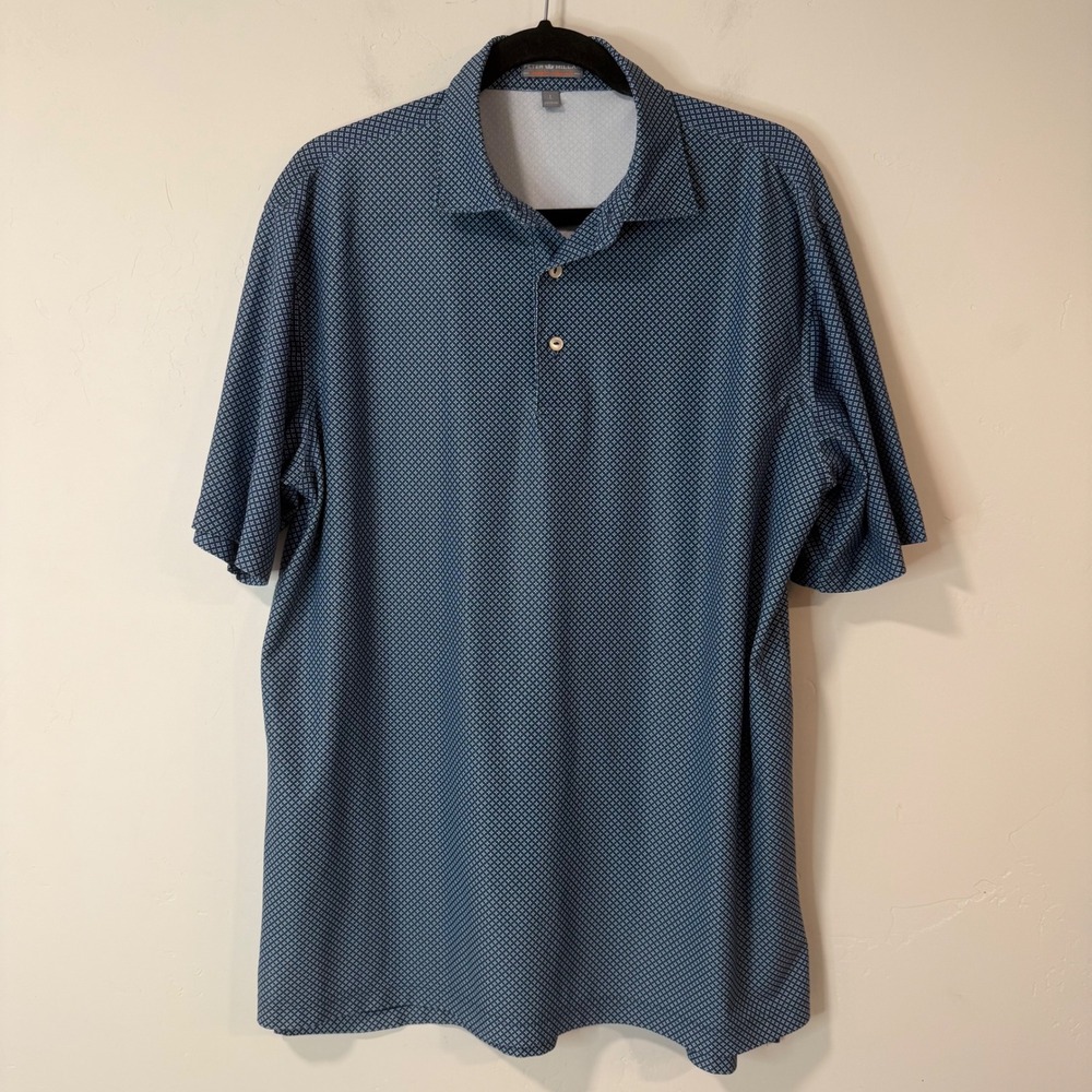Peter Millar Mens Polo Shirt Large Blue Geometric Summer Comfort MS15EK56 Golf
